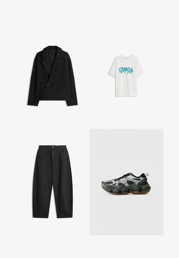 Črn brezčrtni dvojni plašč iz volnene mešanice z oblikovanimi reverji, dvema stranskima žepoma in enim gumbom. Mehka, teksturirana tkanina.; Bershka SHORT SLEEVE - Potiskana majica - white; Črne široke hlače iz bombaža, ki imajo visok pas, sprednje žepke in diskretne šive. Gladka tekstura brez vzorcev.; Črne in sive atletske čevlje z mrežastim zgornjim delom, oblikovanim podplatom in gumijastim podplatom. Imajo varen sistem vezalk in zanko na peti.