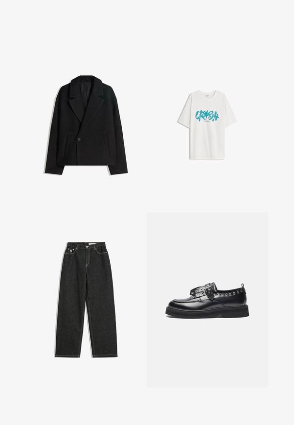 Black wool blend double-breasted coat with structured lapels, two side pockets, and a single button closure. Soft, textured fabric.; Bershka SHORT SLEEVE - Print T-shirt - white; Black straight-leg jeans with white stitching, five-pocket design, button and zipper closure, and a small logo on the front right pocket.; Black leather shoe with a rounded toe, decorative eyelet details, and a strap with a buckle, featuring a thick black sole.