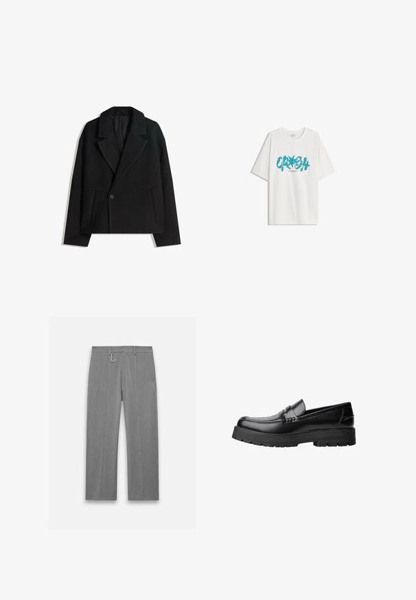 Cappotto doppiopetto in misto lana nera con rever strutturati, due tasche laterali e chiusura a un bottone. Tessuto morbido e testurizzato.; Bershka SHORT SLEEVE - T-shirt con stampa - white; Pantaloni grigi su misura con finitura testurizzata. Presentano una zip frontale, tasche laterali e un accento in metallo argentato. Design a gamba dritta.; Mocassino in pelle nera con suola spessa e tassellata e fascia decorativa sulla parte superiore, mostrato in profilo sinistro su sfondo bianco.