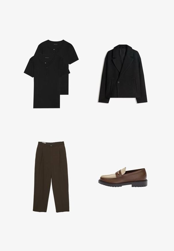 Cappotto doppiopetto in misto lana nera con rever strutturati, due tasche laterali e chiusura a un bottone. Tessuto morbido e testurizzato.; Magliette in cotone nero, maniche corte, collo rotondo con patta a bottoni, caratterizzate da una texture liscia e un design semplice. Due pezzi in confezione.; Pantaloni sartoriali marrone scuro con pinces frontali, passanti per cintura e chiusura a bottone in vita.; Mocassino in pelle marrone con accentuazione in pelle beige e dettagli di cucitura. Presenta una suola nera a bassa trama e un design classico.