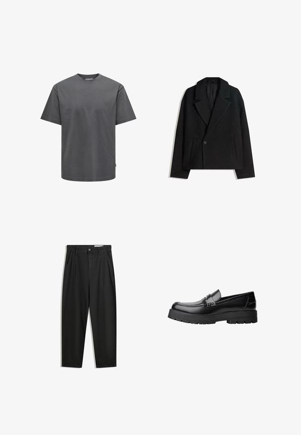 Zwart wollen blend dubbelzijdig jasje met gestructureerde revers, twee zijzakken en een enkele knoopsluiting. Zacht, textuurgegeven materiaal.; Grijze katoenen t-shirt met een ronde kraag en korte mouwen. Heeft een reguliere pasvorm en een effen textuur zonder zichtbare patronen of accenten.; Zwarte katoenen broeken met een losse pasvorm, voorzien van een klassieke tailleband, voorplooien en zijzakken. Gladde structuur zonder patronen.; Zwarte leren loafer met een chunky profielzool en een decoratieve band over de bovenkant, weergegeven in het linkerzijprofiel op een witte achtergrond.