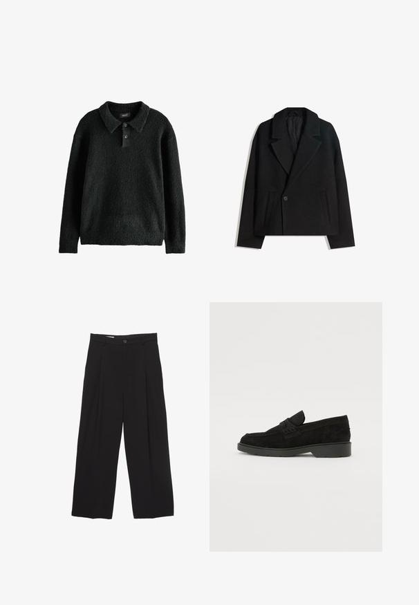 Black wool blend double-breasted coat with structured lapels, two side pockets, and a single button closure. Soft, textured fabric.; Black, textured pullover sweater with a collar, three-button placket, and long sleeves. Made from a soft, fuzzy material.; Black wide-leg trousers made from smooth fabric, featuring a flat waistband, front pleats, and a single button closure.; Black suede loafers with a low heel, featuring a simple band across the upper and textured detailing along the sides.