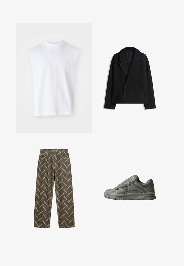 Czarny płaszcz ze wełny w blendzie, dwurzędowy, z wyraźnymi klapami, dwiema bocznymi kieszeniami i pojedynczym zapięciem na guzik. Miękka, teksturowana tkanina.; Biała bezrękawnikowa bluzka wykonana z bawełny, z okrągłym dekoltem, luźnym krojem i gładką teksturą. Prosty fason bez wzorów czy akcentów.; Spodnie dżinsowe w kolorze khaki z ogólnym wzorem piór w jasnym beżu. Luźny krój, standardowe kieszenie i kontrastowe szwy.; Szare buty sportowe z teksturowanej skóry i siateczki, gruba gumowa podeszwa oraz wyraźnie wyściełany język i boki. Zawierają sznurowadła i akcenty po bokach.
