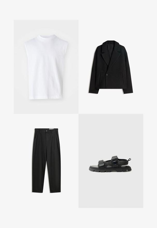 Cappotto doppiopetto in misto lana nera con rever strutturati, due tasche laterali e chiusura a un bottone. Tessuto morbido e testurizzato.; Top bianco senza maniche realizzato in cotone, con scollo rotondo, vestibilità comoda e texture liscia. Design semplice senza motivi o dettagli.; Pantaloni in cotone neri con una vestibilità rilassata, dotati di una vita classica, pieghe frontali e tasche laterali. Tessuto liscio senza fantasie.; Sandali neri con una tomaia in tessuto testurizzato, fasce larghe, accentuazioni in metallo e una suola spessa in gomma con un motivo a rilievo.