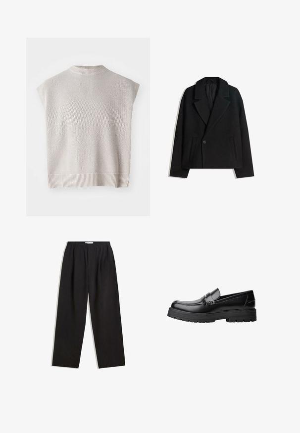 Palton dublu din lână neagră, cu rever structurat, două buzunare laterale și închidere cu un singur buton. Material moale, texturat.; Top fără mâneci, de culoare bej deschis, tricotat, cu o margine ribbed și guler rotund. Caracteristici: un model texturat și un design lejer.; Pantaloni largi, negri, cu un elastic în talie; realizați dintr-un material moale, cu cusături minime și fără modele sau accente vizibile.; Mocasini din piele neagră, cu talpă groasă și profilată și bandă decorativă pe partea superioară, prezentati din profil stâng pe fundal alb.