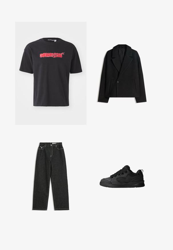 Czarny płaszcz ze wełny w blendzie, dwurzędowy, z wyraźnymi klapami, dwiema bocznymi kieszeniami i pojedynczym zapięciem na guzik. Miękka, teksturowana tkanina.; Czarny bawełniany T-shirt z odważnym czerwonym graficznym wzorem tekstowym z przodu. Krótkie rękawy i okrągły dekolt, luźny krój.; Czarne jeansy o prostym kroju z białym przeszyciem, pięć kieszeni, zapięcie na guzik i zamek, oraz małe logo na prawej przedniej kieszeni.; Czarne sneakersy z teksturowaną cholewką, z sznurowadłami, siateczkowymi akcentami dla lepszej wentylacji, wyściełanym kołnierzem oraz solidną podeszwą.