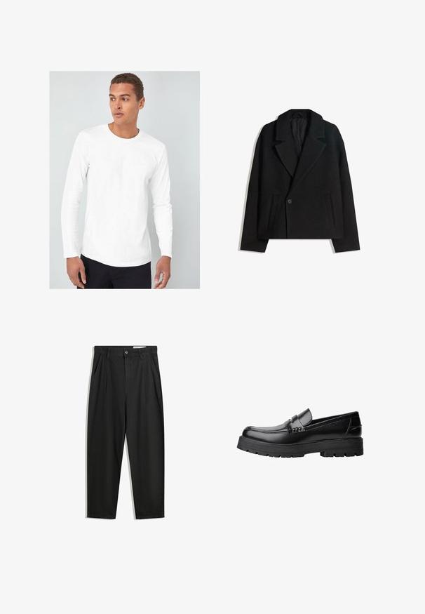 Palton dublu din lână neagră, cu rever structurat, două buzunare laterale și închidere cu un singur buton. Material moale, texturat.; Cămașă albă cu mânecă lungă și decolteu rotund, confecționată dintr-un material de bumbac neted, purtată de un model pe un fundal deschis.; Pantaloni negri din bumbac cu croială lejeră, având un brâu clasic, plii frontale și buzunare laterale. Textură netedă fără modele.; Mocasini din piele neagră, cu talpă groasă și profilată și bandă decorativă pe partea superioară, prezentati din profil stâng pe fundal alb.