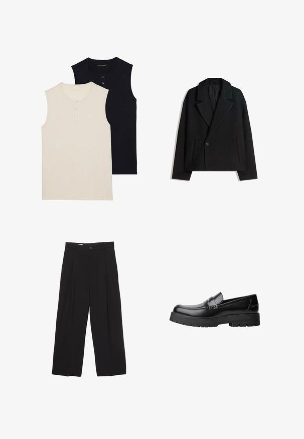 Schwarzer Wollmischung Doppelreiher-Mantel mit strukturierten Revers, zwei Seitentaschen und einer einzelnen Knopfschließe. Weicher, strukturiert Stoff.; Zwei ärmellose Baumwolloberteile: eines in Beige mit einer knöpfbaren Leiste und eines in einfarbig Schwarz. Beide haben einen Rundhalsausschnitt und ein figurbetontes Design.; Schwarze weit geschnittene Hose aus glattem Stoff, mit flachem Taillenbund, vorderen Falten und einer einzigen Knopfverschlus.; Schwarzer Lederloafer mit grobem, rutschfestem Sohlenprofil und dekorativem Riemen über der Oberseite, seitlich links auf weißem Hintergrund abgebildet.
