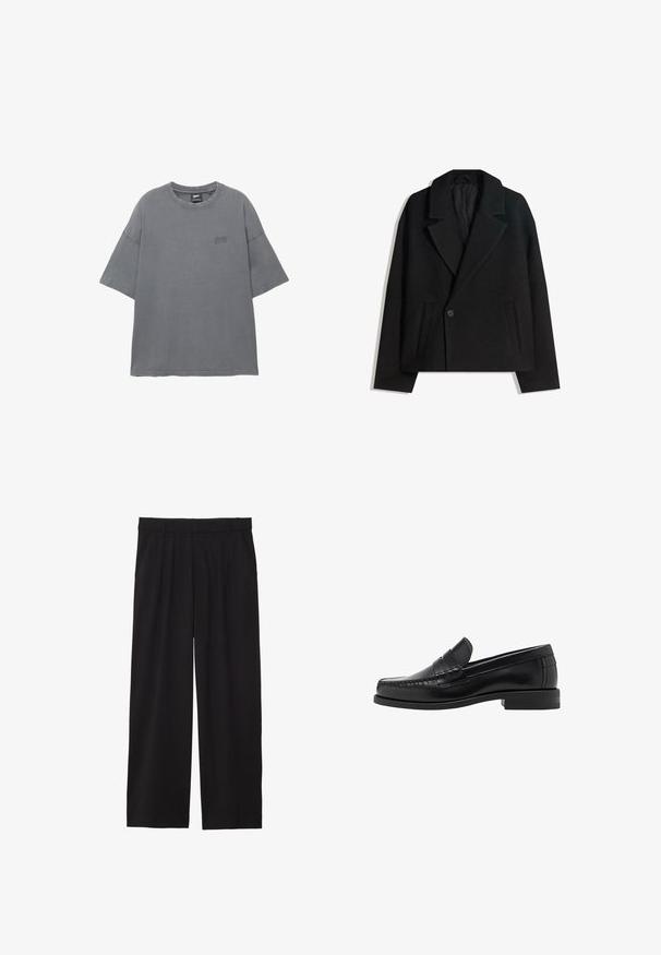 Cappotto doppiopetto in misto lana nera con rever strutturati, due tasche laterali e chiusura a un bottone. Tessuto morbido e testurizzato.; T-shirt grigio a maniche corte con scollo rotondo, realizzato in cotone, dotato di un logo ricamato sottile sul petto. Texture morbida.; Pantaloni neri a gamba larga con frontale plissettato, tasche laterali e una texture di tessuto liscia. Progettati per un fit comodo.; Mocassini in pelle nera con una finitura liscia, dettagli cuciti sulla punta e un design a tacco basso per comfort e stile.