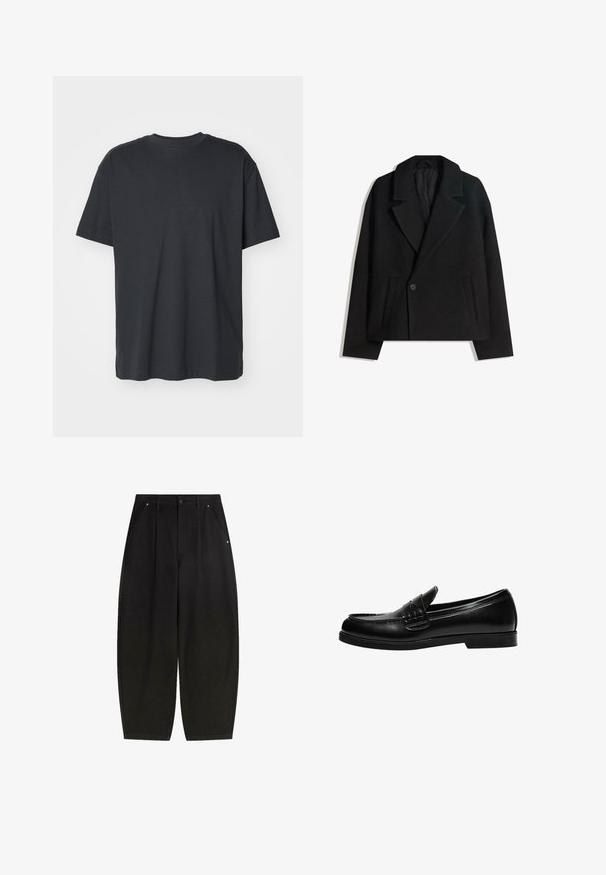 Palton dublu din lână neagră, cu rever structurat, două buzunare laterale și închidere cu un singur buton. Material moale, texturat.; Tricou negru din bumbac cu mâneci scurte, guler rotund, Croi lejer și textură netedă. Fără modele vizibile sau detalii suplimentare.; Pantaloni negri cu picior larg, cu buzunare frontale, design pliat și finisaj curat. Fabricati dintr-un material texturat cu închidere cu nasture.; Loafers din piele neagră cu un finisaj neted, având un detaliu de cusătură pe gât și o talpă joasă din cauciuc negru solid.