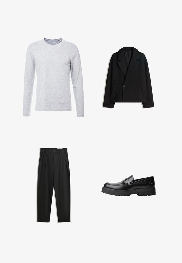 Černý vlněný dvouřadý kabát se strukturovanými reverzy, dvěma bočními kapsami a jedním knoflíkovým zapínáním. Měkká, texturovaná tkanina.; Šedé tričko s dlouhým rukávem vyrobené z měkké, lehké látky, s klasickým kulatým výstřihem a jednoduchým, nepřekombinovaným designem.; Černé bavlněné kalhoty s uvolněným střihem, klasickým pasem, předními záhyby a bočními kapsami. Hladká textura bez vzorů.; Černé kožené mokasíny s masivní podrážkou a dekoračním páskem přes horní část, zobrazené v levém bočním profilu na bílém pozadí.