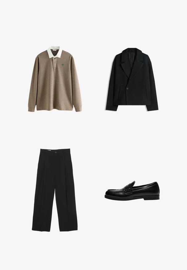 Fekete gyapjú keverék, kétsoros kabát strukturált hajtókákkal, két oldalsó zsebbel és egysoros gombzárral. Puha, texturált anyag.; Hosszú ujjú pólóing barna és krém színű hounds-tooth mintával, fehér gallérral és zöld logóval a mellkason. Puha textúrájú anyag.; Fekete, bő szárú nadrág sima anyagból, lapos derékpánttal, elülső redőkkel és egy gombos záródással.; Fekete bőr loafer sima felülettel, a vamp-on varrási részlettel és alacsony, szilárd fekete gumitalppal.