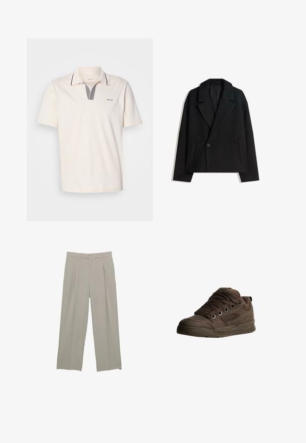 Zwart wollen blend dubbelzijdig jasje met gestructureerde revers, twee zijzakken en een enkele knoopsluiting. Zacht, textuurgegeven materiaal.; Crème polo shirt met een V-halsontwerp, voorzien van marineblauwe en witte gestreepte accenten, korte mouwen en een klein logo op de linkerborst.; Lichtgrijze wijde broek met een gladde textuur, voorzien van plooien aan de voorkant, een knoopsluiting en zijzakken.; Bruine sportieve schoenen gemaakt van glad synthetisch materiaal. Bevat dikke veters, mesh-accenten, een gevoerde kraag en een gestructureerde rubberen zool.