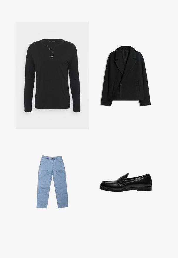 Crni kaput od vune s dvostrukim kopčanjem, strukturiranim reverima, s dva bočna džepa i jednim dugmetom. Mekana, teksturirana tkanina.; Crna duža majica s dugim rukavima, izrađena od mekog materijala, s dugmadi na plavoj, okruglim izrezom i prilagođenim rukavima.; Svijetloplave traperice opuštenog kroja, s višestrukim dzepovima, kontrastnim šavovima i blagim ispiranjem za teksturu.; Crna kožna loafer cipela s glatkom površinom, koja ima šavnu obradu na gornjem dijelu i nisku, čvrstu crnu gumenu podlogu.