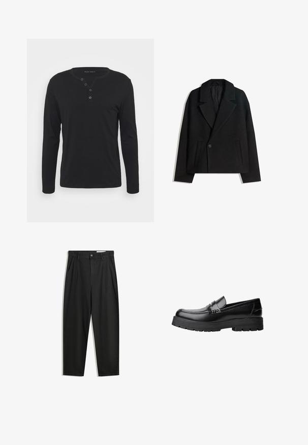 Palton dublu din lână neagră, cu rever structurat, două buzunare laterale și închidere cu un singur buton. Material moale, texturat.; Cămașă henley neagră cu mânecă lungă, fabricată dintr-un material moale, având o deschidere cu butoni, guler rotund și mâneci ajustate.; Pantaloni negri din bumbac cu croială lejeră, având un brâu clasic, plii frontale și buzunare laterale. Textură netedă fără modele.; Mocasini din piele neagră, cu talpă groasă și profilată și bandă decorativă pe partea superioară, prezentati din profil stâng pe fundal alb.