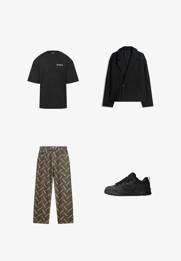 Fekete gyapjú keverék, kétsoros kabát strukturált hajtókákkal, két oldalsó zsebbel és egysoros gombzárral. Puha, texturált anyag.; Fekete pamut póló, kerek nyakkivágással és rövid ujjal. A bal mellen fehér "Dropsize" felirat található. Egyszerű és laza szabású.; Világos bézs színű, teljesen tollmintás khaki farmerek. Laza szabás, standard zsebekkel és kontrasztos varrási részletekkel.; Fekete sportcipő texturált felsőrésszel, fűzőkkel, légáteresztő hálós részletekkel, párnázott bokarésszel és tartós talppal.