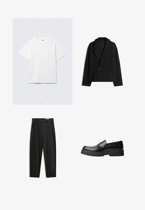 Cappotto doppiopetto in misto lana nera con rever strutturati, due tasche laterali e chiusura a un bottone. Tessuto morbido e testurizzato.; T-shirt bianca a maniche corte in cotone, con scollo rotondo e vestibilità comoda. Il tessuto ha una texture liscia e uniforme.; Pantaloni in cotone neri con una vestibilità rilassata, dotati di una vita classica, pieghe frontali e tasche laterali. Tessuto liscio senza fantasie.; Mocassino in pelle nera con suola spessa e tassellata e fascia decorativa sulla parte superiore, mostrato in profilo sinistro su sfondo bianco.
