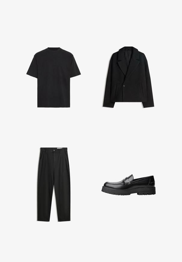 Fekete gyapjú keverék, kétsoros kabát strukturált hajtókákkal, két oldalsó zsebbel és egysoros gombzárral. Puha, texturált anyag.; Fekete pamut póló, rövid ujjú, kerek nyakkivágással, könnyű, laza fazonú, sima textúrájú, látható minták vagy díszítések nélkül.; Fekete pamut nadrág laza szabással, klasszikus derékrésszel, elülső hajtásokkal és oldalsó zsebekkel. Simább textúra minta nélkül.; Fekete bőr loaferek vastag, bordázott talppal és díszcsíkkal az upper rész felett, bal oldali profilmódban, fehér háttér előtt.