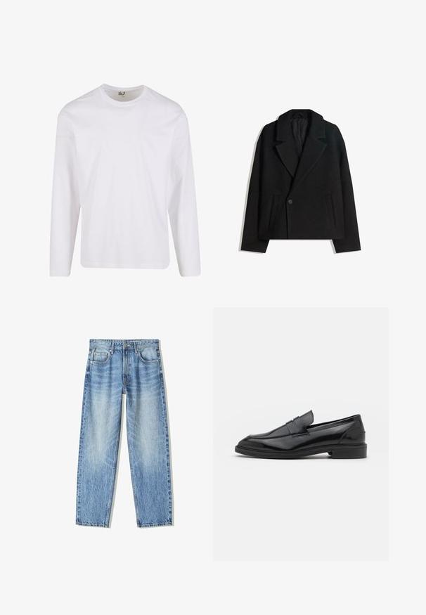 Schwarzer Wollmischung Doppelreiher-Mantel mit strukturierten Revers, zwei Seitentaschen und einer einzelnen Knopfschließe. Weicher, strukturiert Stoff.; Weißes Langarm-T-Shirt aus weichem Baumwollmaterial, mit Rundhalsauschnitt und sauberem, nahtlosem Design ohne grafische Muster oder Verzierungen.; Helle blaue Denim-Jeans mit lockerem Schnitt, geradem Bein-Design, fünf Taschen und verblasster Textur. Enthält einen Frontknopf- und Reißverschluss.; Schwarze Lederloafers mit glatter Oberfläche, runder Spitze und schmalem Riemen über dem Obermaterial. Niedriger, gestapelter Absatz.