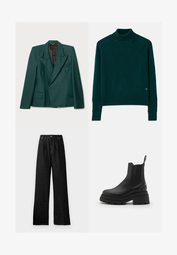 Blazer verde feito de um tecido texturizado com um design estruturado. Apresenta um colarinho em gota, dois bolsos frontais e um forro preto.; Pullover de gola alta em teal, feito de um suave tecido de malha. Apresenta punhos e bainha canelados, com um discreto detalhe do logótipo na parte inferior frontal esquerda.; Calças largas de ganga pretas com uma cintura alta, apresentando costuras tonais, um fecho de botão na parte da frente e dois bolsos laterais.; Botas chelsea pretas feitas de couro liso, com painéis elásticos dos lados, uma sola de borracha grossa e estriada, e uma alça na parte de trás.