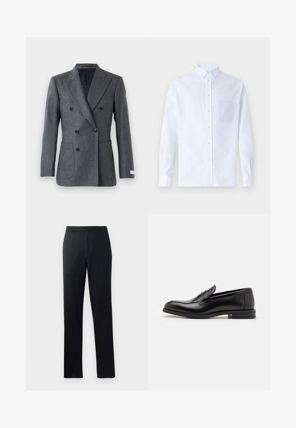 Kaksirivinen harmaa pikkutakki, jossa on terävät kaulukset, kuusi mustaa nappia, kaksi etupuolen läpällistä taskua ja musta vuori.; Valkoinen pitkähihaista napillista paitaa, joka on valmistettu puuvillasta. Paita sisältää rinnan kohdalla taskun, jossa on samaa sävyä oleva brodeeraus, kauluksen sekä napilliset hihansuut.; Mustat housut suoran lahkeen muotoilulla, joissa on sileä pinta ja tasainen vyötärö, sopivat virallisiin tai rentoihin tilaisuuksiin.; Mustat nahkakengät, joissa on sileä pinta, pyöreä kärki ja koristeellinen nauha jalkapöydän yli. Matala pinoitu koroke, minimalistinen muotoilu.