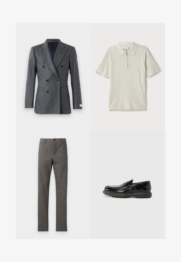 Két gombos, szürke blézer csúcsos hajtókával, hat fekete gombbal, két elülső zsebbel és fekete béléssel.; Rövid ujjú, világosbézs pólóing, cipzáras gallérral. Simás anyagból készült, egyszerű, modern dizájnnal, minta nélkül.; Szürke öltönynadrág textúrált, szövött anyagból. Testhez álló fazon, sima elülső rész, cipzáras nyitás és egygombos záródás. További zsebek nem láthatók.; Fekete bőr loafer, fényes felülettel, kerek orral, diszkrét varrási részletekkel és vastag gumitalppal a tartósság érdekében.