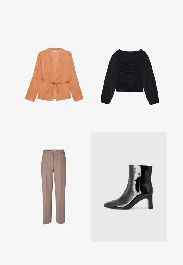 Rostorange omslagjacka i släckt tyg, med långa ärmar, en djup V-halsringning och ett knytband i midjan.; Svart långärmad topp med ruched detalj framtill och vid handleden, tillverkad av mjukt, stretchigt material med en båthals.; Beiga skräddarsydda byxor med rak bendesign, med knappstängning och veckad front. Slät textur och polerad yta.; Svart lackläder ankelboot med spetsig tå och en medelhög klack. Slät textur och minimalistisk design.