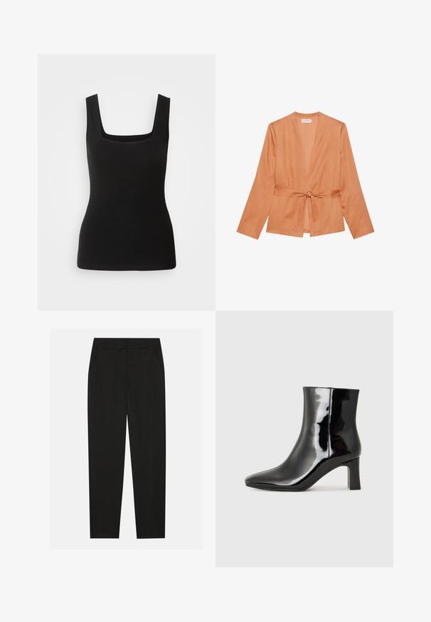 Rustoransje omslagjakke laget av glatt stoff, med lange ermer, dyp V-hals og en knyttet midjedetalj.; Svart ermeløs topp med firkantet utringning, laget av glatt stoff; tettsittende design uten mønstre eller maskinvaredetaljer.; Sorte bukser med skreddersydd design, med sidelommer og rett ben. Laget av glatt, lett stoff med en elegant finish.; Sorte patentlær ankle boot med spiss tå og en mellomhøy blokkhelt. Glatt tekstur og minimalistisk design.