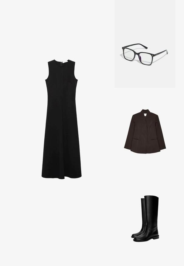 Hnedý strihový blejzer s vysokým golierom, dlhými rukávmi a dvoma prednými vreckami. Obsahuje zakrivené švy pre priliehavý dizajn. Hladká textura.; Čierne šaty bez rukávov s okrúhlym výstrihom, priliehavým telom a rozšírenou sukňou. Obsahujú zips na chrbte a sú vyrobené z hladkej, ľahkej látky.; Čierne kožené čižmy po kolená s hladkým povrchom, okrúhlou špičkou, plochou podrážkou a minimalistickým dizajnom, so šitými švami a bez viditeľných kovových súčastí.; Čierne obdĺžnikové okuliare s priehľadnými šošovkami, so zlatými akcentmi na ráme a jemným fialovým nádychom na jednej šošovke.; Čierna hladká kožená taška na rameno s prehnutým vrchom, jedným popruhom, zipsovým uzáverom a malým strieborným logom na prednej strane.