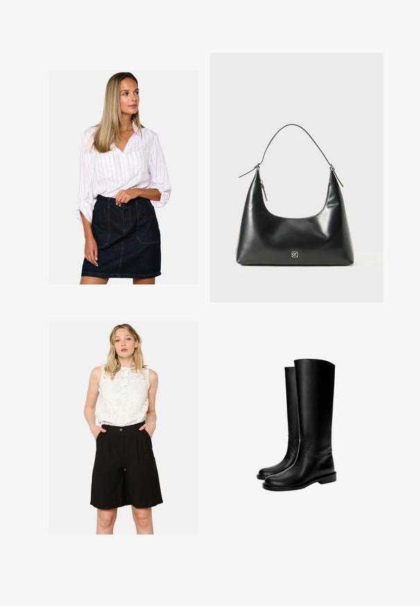 Hnedý strihový blejzer s vysokým golierom, dlhými rukávmi a dvoma prednými vreckami. Obsahuje zakrivené švy pre priliehavý dizajn. Hladká textura.; Biela košeľa s ružovými pruhmi, kombinovaná s tmavomodrou rifľovou sukňou s vysokým pásom, ktorá má predné vrecká a viditeľné švy.; Biele čipkované bezrukávové tričko s gombíkovým výstrihom, spárované s čiernymi šortkami s vysokým pásom, ktoré majú bočné vrecká a voľný strih.; Čierne kožené čižmy po kolená s hladkým povrchom, okrúhlou špičkou, plochou podrážkou a minimalistickým dizajnom, so šitými švami a bez viditeľných kovových súčastí.; Čierna hladká kožená taška na rameno s prehnutým vrchom, jedným popruhom, zipsovým uzáverom a malým strieborným logom na prednej strane.