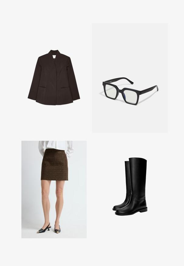 Blazer marron ajusté avec un col haut, des manches longues et deux poches avant. Présente des coutures courbées pour un design ajusté. Texture lisse.; Débardeur blanc en tissu léger. Présente un encolure arrondie et de larges emmanchures, avec une texture lisse et un design minimaliste.; Mini-jupe marron texturée avec des fils dorés subtils. Associée à des chaussures à bride arrière noires, à bouts pointus et accents dorés.; Bottes en cuir noires montant jusqu'au genou avec une texture lisse, bout rond, semelle plate et design minimaliste, comprenant des coutures cousues et aucun matériel visible.; Lunettes de soleil noires en forme carrée avec une finition mate, dotées de verres transparents et d'une légère teinte bleue sur un côté. Design robuste et angulaire.