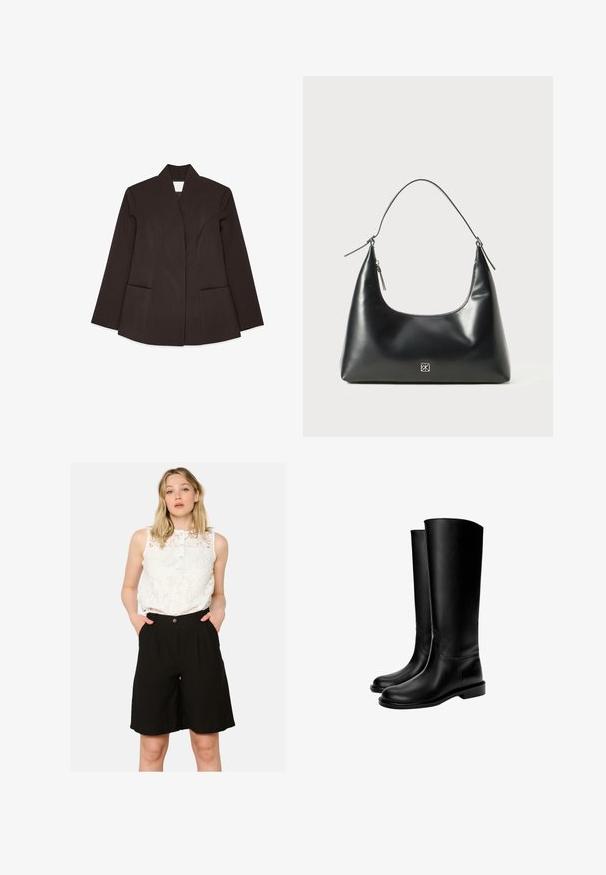 Hnedý strihový blejzer s vysokým golierom, dlhými rukávmi a dvoma prednými vreckami. Obsahuje zakrivené švy pre priliehavý dizajn. Hladká textura.; Biely top bez rukávov vyrobený z ľahkej textílie. Má zaoblený výstrih a široké ramenné otvory, s hladkou textúrou a minimálnym dizajnom.; Biele čipkované bezrukávové tričko s gombíkovým výstrihom, spárované s čiernymi šortkami s vysokým pásom, ktoré majú bočné vrecká a voľný strih.; Čierne kožené čižmy po kolená s hladkým povrchom, okrúhlou špičkou, plochou podrážkou a minimalistickým dizajnom, so šitými švami a bez viditeľných kovových súčastí.; Čierna hladká kožená taška na rameno s prehnutým vrchom, jedným popruhom, zipsovým uzáverom a malým strieborným logom na prednej strane.
