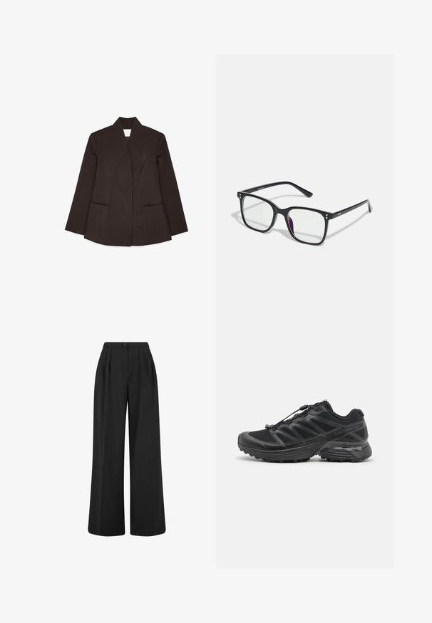 Bruine op maat gemaakte blazer met een hoge kraag, lange mouwen en twee voorzakken. Kenmerkt zich door gebogen naden voor een aansluitende pasvorm. Soepele textuur.; Witte tanktop van lichtgewicht stof. Kenmerkt een ronde halslijn en brede armsgaten, met een gladde textuur en een minimalistisch ontwerp.; Zwarte wijde pijpen broek met een hoge taille, voorplooien en een enkele knoopsluiting. Soepele stof met een schoon, minimalistisch ontwerp.; Zwarte hardloopschoenen met een bovenwerk van mesh en synthetisch materiaal, een flexibele buitenzool en elastische veters. Heeft een gevoerde tussenzool voor comfort.; Zwarte rechthoekige brillen met heldere glazen, voorzien van gouden accenten op het montuur en een lichte paarse tint op één glas.; Zwarte leren schoudertas met een gladde textuur, een gebogen bovenkant en een enkele schouderband. Voorzien van een ritsluiting en een minimalistisch design.