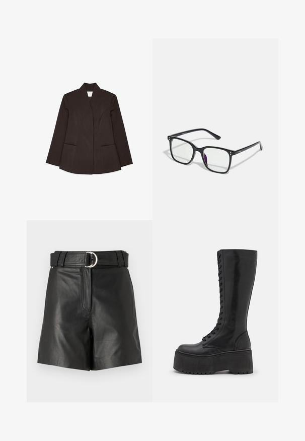 Hnedý strihový blejzer s vysokým golierom, dlhými rukávmi a dvoma prednými vreckami. Obsahuje zakrivené švy pre priliehavý dizajn. Hladká textura.; Biely top bez rukávov vyrobený z ľahkej textílie. Má zaoblený výstrih a široké ramenné otvory, s hladkou textúrou a minimálnym dizajnom.; Čierne kožené šortky so širokým opaskom so striebornou obručou. Hladká textúra s prispôsobeným strihom a detailom predného zipsu.; Zign LEATHER - Čižmy na šnurovanie - black; Čierne obdĺžnikové okuliare s priehľadnými šošovkami, so zlatými akcentmi na ráme a jemným fialovým nádychom na jednej šošovke.; Čierna hladká kožená taška na rameno s prehnutým vrchom, jedným popruhom, zipsovým uzáverom a malým strieborným logom na prednej strane.