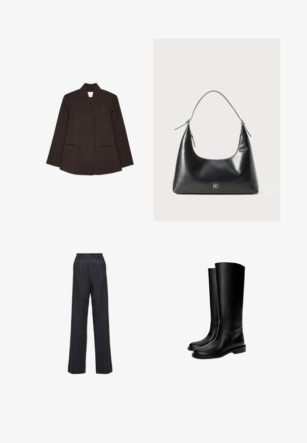 Brun skræddersyet blazer med høj krave, lange ærmer og to forlommer. Har buede sømme for en tætsiddende pasform. Glat tekstur.; Hvid tanktop lavet af letvægtsstof. Har en rund halsudskæring og brede armhuller, med en glat tekstur og minimalistisk design.; Viddebenede bukser i mørkegrå stof, der har høj talje, plisseret front og en glat tekstur uden synlige lukninger eller dekorationer.; Sorte knæhøje læderstøvler med en glat tekstur, rund tå, flad sål og minimalistisk design, der har syede sømme og ingen synlige metaldele.; Sorte glatte læder skuldertaske med en buet top, enkelt rem, lynlåslukning og lille sølv logoemblem i midten foran.
