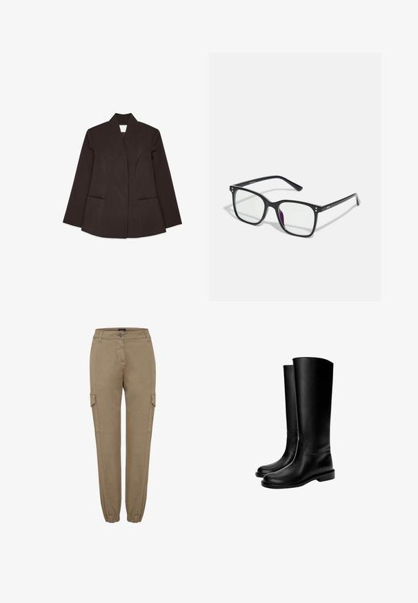 Brązowa marynarka o dopasowanym kroju z wysokim kołnierzem, długimi rękawami i dwiema przednimi kieszeniami. Posiada zaokrąglone szwy, co zapewnia dopasowany fason. Gładka faktura.; Biały top na ramiączkach wykonany z lekkiego materiału. Posiada okrągły dekolt i szerokie wycięcia na ramionach, charakteryzuje się gładką fakturą i minimalistycznym wzornictwem.; Beżowe spodnie cargo o prostym kroju i elastycznych mankietach, z bocznymi kieszeniami i zapięciem na guzik w pasie. Wykonane z miękkiej, teksturowanej tkaniny.; Czarne skórzane kozaki do kolan o gładkiej fakturze, zaokrąglonym nosie, płaskiej podeszwie i minimalistycznym designie, z przeszytymi szwem i bez widocznych elementów metalowych.; Czarne prostokątne okulary z przezroczystymi soczewkami, z złotymi akcentami na oprawkach i lekkim fioletowym odcieniem na jednej z soczewek.; Czarna gładka skórzana torba na ramię z zaokrąglonym wierzchem, pojedynczym paskiem, zamknięciem na zamek i małym srebrnym logo umieszczonym na środku przodu.