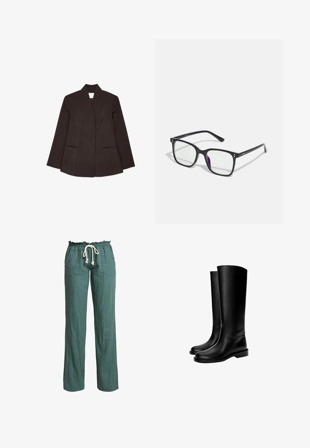 Brown tailored blazer with a high collar, long sleeves, and two front pockets. Features curved seams for a fitted design. Smooth texture.; White tank top made of lightweight fabric. Features a rounded neckline and wide armholes, with a smooth texture and minimal design.; Lightweight, green linen pants with a relaxed fit, elastic waistband, and a drawstring, featuring two side pockets.; Black knee-high leather boots with a smooth texture, rounded toe, flat sole, and minimalistic design, featuring stitched seams and no visible hardware.; Black rectangular glasses with clear lenses, featuring gold accents on the frame and a slight purple tint on one lens.; Black smooth leather shoulder bag with a curved top, single strap, zipper closure, and small silver logo emblem on front center.