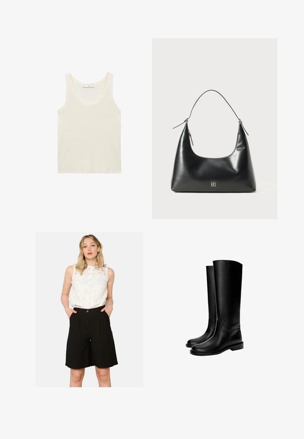 Brown tailored blazer with a high collar, long sleeves, and two front pockets. Features curved seams for a fitted design. Smooth texture.; White tank top made of lightweight fabric. Features a rounded neckline and wide armholes, with a smooth texture and minimal design.; White lace sleeveless top with a buttoned neckline, paired with high-waisted black shorts featuring side pockets and a loose fit.; Black knee-high leather boots with a smooth texture, rounded toe, flat sole, and minimalistic design, featuring stitched seams and no visible hardware.; Black smooth leather shoulder bag with a curved top, single strap, zipper closure, and small silver logo emblem on front center.