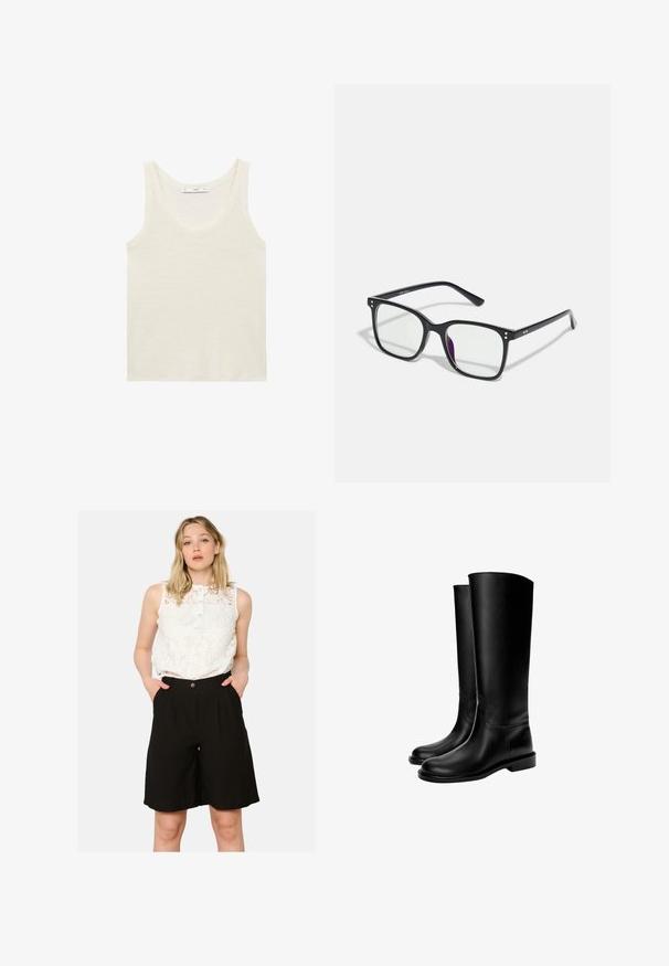 Hnedý strihový blejzer s vysokým golierom, dlhými rukávmi a dvoma prednými vreckami. Obsahuje zakrivené švy pre priliehavý dizajn. Hladká textura.; Biely top bez rukávov vyrobený z ľahkej textílie. Má zaoblený výstrih a široké ramenné otvory, s hladkou textúrou a minimálnym dizajnom.; Biele čipkované bezrukávové tričko s gombíkovým výstrihom, spárované s čiernymi šortkami s vysokým pásom, ktoré majú bočné vrecká a voľný strih.; Čierne kožené čižmy po kolená s hladkým povrchom, okrúhlou špičkou, plochou podrážkou a minimalistickým dizajnom, so šitými švami a bez viditeľných kovových súčastí.; Čierne obdĺžnikové okuliare s priehľadnými šošovkami, so zlatými akcentmi na ráme a jemným fialovým nádychom na jednej šošovke.; Čierna hladká kožená taška na rameno s prehnutým vrchom, jedným popruhom, zipsovým uzáverom a malým strieborným logom na prednej strane.