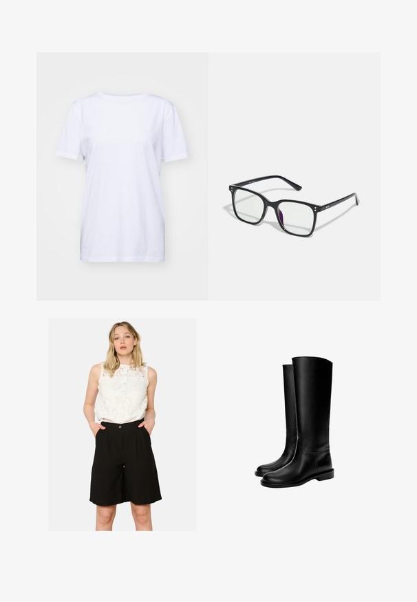 Hnedý strihový blejzer s vysokým golierom, dlhými rukávmi a dvoma prednými vreckami. Obsahuje zakrivené švy pre priliehavý dizajn. Hladká textura.; Biela bavlnená tričko s okrúhlym výstrihom, krátkymi rukávmi a voľným strihom. Hladká textúra a žiadne viditeľné vzory ani doplnky.; Biele čipkované bezrukávové tričko s gombíkovým výstrihom, spárované s čiernymi šortkami s vysokým pásom, ktoré majú bočné vrecká a voľný strih.; Čierne kožené čižmy po kolená s hladkým povrchom, okrúhlou špičkou, plochou podrážkou a minimalistickým dizajnom, so šitými švami a bez viditeľných kovových súčastí.; Čierne obdĺžnikové okuliare s priehľadnými šošovkami, so zlatými akcentmi na ráme a jemným fialovým nádychom na jednej šošovke.; Čierna hladká kožená taška na rameno s prehnutým vrchom, jedným popruhom, zipsovým uzáverom a malým strieborným logom na prednej strane.