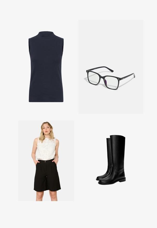 Blazer marron ajusté avec un col haut, des manches longues et deux poches avant. Présente des coutures courbées pour un design ajusté. Texture lisse.; Haut sans manches en col roulé bleu marine en tissu côtelé, avec une coupe près du corps et une texture lisse. Aucuns motifs ni embellissements visibles.; Haut sans manches en dentelle blanche avec un col à boutons, associé à un short noir taille haute avec des poches latérales et une coupe ample.; Bottes en cuir noires montant jusqu'au genou avec une texture lisse, bout rond, semelle plate et design minimaliste, comprenant des coutures cousues et aucun matériel visible.; Lunettes rectangulaires noires avec des verres transparents, présentant des accents en or sur la monture et une légère teinte violette sur un des verres.; Sac à épaule en cuir lisse noir avec un haut courbé, une bandoulière unique, une fermeture à glissière et un petit logo argenté au centre à l'avant.