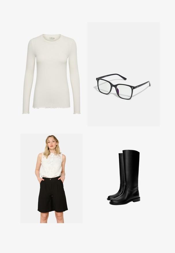 Brązowa marynarka o dopasowanym kroju z wysokim kołnierzem, długimi rękawami i dwiema przednimi kieszeniami. Posiada zaokrąglone szwy, co zapewnia dopasowany fason. Gładka faktura.; Biała, długosleevowa bluzka z ribbed wzorem, z okrągłym dekoltem i postrzępionym dołem. Wykonana z miękkiego materiału w dopasowanym kroju, idealna do noszenia na warstwy.; Biały koronkowy top bez rękawów z zapięciem na guziki, zestawiony z czarnymi szortami z wysokim stanem, które mają boczne kieszenie i luźny krój.; Czarne skórzane kozaki do kolan o gładkiej fakturze, zaokrąglonym nosie, płaskiej podeszwie i minimalistycznym designie, z przeszytymi szwem i bez widocznych elementów metalowych.; Czarne prostokątne okulary z przezroczystymi soczewkami, z złotymi akcentami na oprawkach i lekkim fioletowym odcieniem na jednej z soczewek.; Czarna gładka skórzana torba na ramię z zaokrąglonym wierzchem, pojedynczym paskiem, zamknięciem na zamek i małym srebrnym logo umieszczonym na środku przodu.