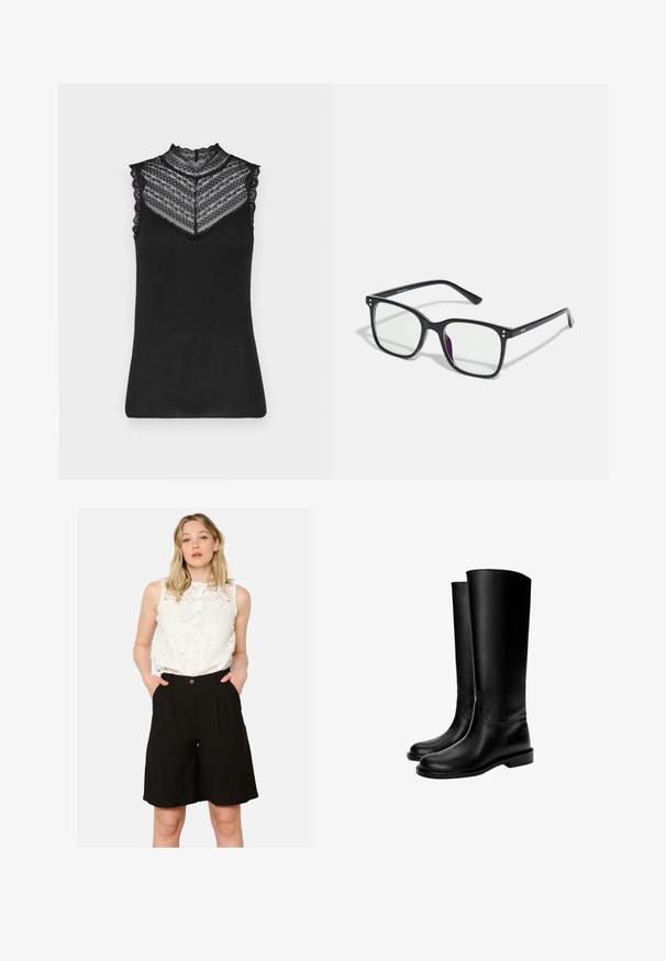 Hnedý strihový blejzer s vysokým golierom, dlhými rukávmi a dvoma prednými vreckami. Obsahuje zakrivené švy pre priliehavý dizajn. Hladká textura.; Čierny top bez rukávov s vysokým čipkovým golierom, hrebeňovou textúrou a detailnou čipkou pozdĺž ramien a výstrihu.; Biele čipkované bezrukávové tričko s gombíkovým výstrihom, spárované s čiernymi šortkami s vysokým pásom, ktoré majú bočné vrecká a voľný strih.; Čierne kožené čižmy po kolená s hladkým povrchom, okrúhlou špičkou, plochou podrážkou a minimalistickým dizajnom, so šitými švami a bez viditeľných kovových súčastí.; Čierne obdĺžnikové okuliare s priehľadnými šošovkami, so zlatými akcentmi na ráme a jemným fialovým nádychom na jednej šošovke.; Čierna hladká kožená taška na rameno s prehnutým vrchom, jedným popruhom, zipsovým uzáverom a malým strieborným logom na prednej strane.