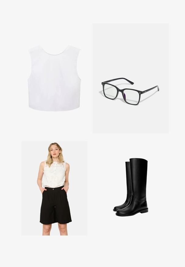 Bruine op maat gemaakte blazer met een hoge kraag, lange mouwen en twee voorzakken. Kenmerkt zich door gebogen naden voor een aansluitende pasvorm. Soepele textuur.; Witte mouwloze cropped top met een ronde halslijn, zachte stof en een eenvoudig design. Geen zichtbare patronen of hardwaredetails.; Witte kanten sleeveless top met een knoopsluiting bij de hals, gecombineerd met hoge zwarte shorts met zijzakken en een losse pasvorm.; Zwarte leren kniehoge laarzen met een gladde textuur, ronde neus, platte zool en minimalistisch ontwerp, met gestikte naden en zonder zichtbare hardware.; Zwarte rechthoekige brillen met heldere glazen, voorzien van gouden accenten op het montuur en een lichte paarse tint op één glas.; Zwarte gladde leren schoudertas met een gebogen bovenkant, enkele schouderriem, ritssluiting en klein zilveren logo-embleem in het midden van de voorkant.