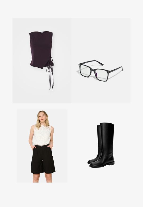 Brown tailored blazer with a high collar, long sleeves, and two front pockets. Features curved seams for a fitted design. Smooth texture.; Asymmetrical sleeveless top in dark purple fabric, featuring a side tie detail and a smooth texture with an angular neckline.; White lace sleeveless top with a buttoned neckline, paired with high-waisted black shorts featuring side pockets and a loose fit.; Black knee-high leather boots with a smooth texture, rounded toe, flat sole, and minimalistic design, featuring stitched seams and no visible hardware.; Black rectangular glasses with clear lenses, featuring gold accents on the frame and a slight purple tint on one lens.; Black smooth leather shoulder bag with a curved top, single strap, zipper closure, and small silver logo emblem on front center.