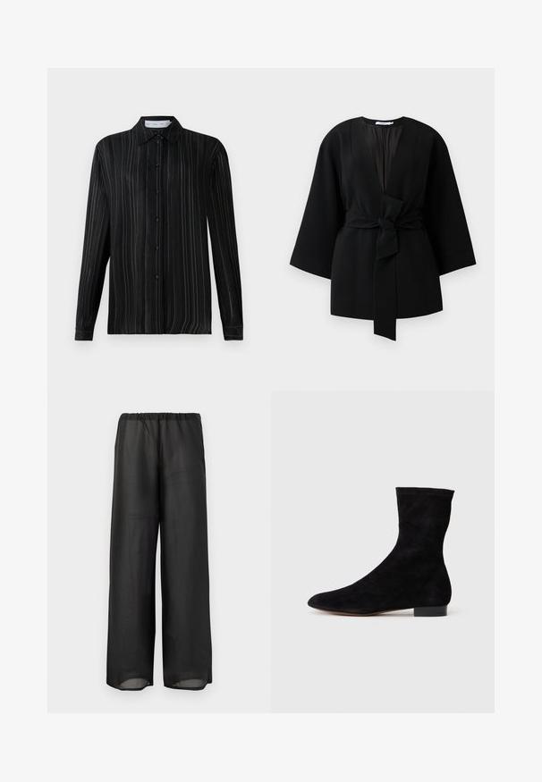 Fekete, hosszú ujjú, kimono stílusú dzseki széles ujjakra és a derekán csomóba kötött elülső textilgallérral.; Fekete, hosszú ujjú, gombos ing, finom fehér függőleges csíkokkal és klasszikus gallérral, sima fehér háttéren bemutatva.; Fekete, bő szárú nadrág könnyű, félig átlátszó anyagból, rugalmas derékrésszel. A dizájn laza és elegáns sziluettet kínál.; Fekete velúr bokacsizma, illeszkedő szárral, hegyes orral és alacsony blokk sarokkal. Simább felület és minimalista dizájn, amely sokoldalú stílushoz megfelelő.