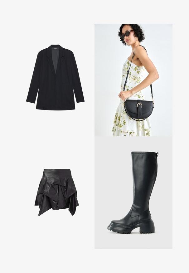 Blazer negro de manga larga con solapas de muesca, dobladillo recto y hombros estructurados, dispuesto sobre un fondo blanco.; Top de manga larga de cuello alto negro, hecho de tela de canalé, presenta un diseño ajustado con un cuello alto y sin patrones ni acentos.; Falda de cuero negro con un diseño acampanado y asimétrico, con detalles drapeados y una cintura ajustada. Textura suave con un acabado brillante.; Bota alta de cuero negro con suela de plataforma gruesa y tacón cuadrado, que cuenta con una lengüeta y un relieve texturizado en la suela exterior.; Bolso de piel negra con forma curva, correa desmontable y herrajes dorados. El bolso cuenta con una solapa con un detalle de hebilla.