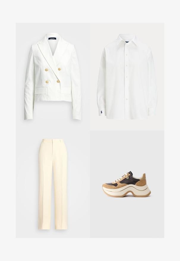 Λευκό cropped σακάκι με διπλή κουμπότρυπα, χρυσά κουμπιά, πέτσος γιακά και δύο μπροστινές τσέπες. Λείο υλικό και κομψή εφαρμογή.; Λευκό πουκάμισο με κουμπιά και μακριά μανίκια, κλασικό γιακά και μικρό μπλε λογότυπο στο μανίκι. Λείο βαμβακερό ύφασμα, δομημένη εφαρμογή.; Polo Ralph Lauren HEMP WIDE-LEG TROUSER - Παντελόνι - nevis; Sneaker με χοντρή σόλα σε μπεζ και σκούρο καφέ, με σουέτ λεπτομέρειες, λευκή κορδόνι και ένα μικρό χρυσό charm MK στο πλάι.