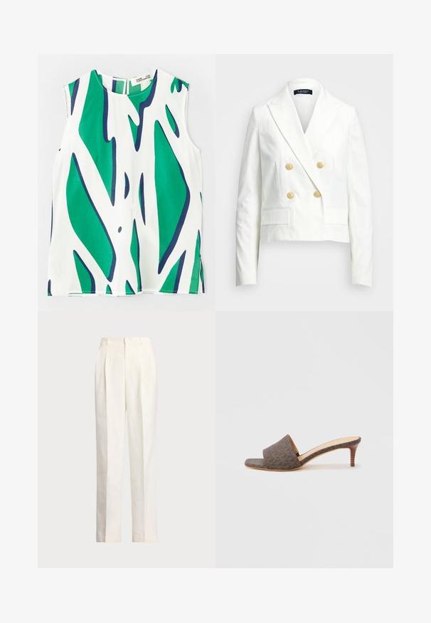 Sacou alb scurt cu un design cu două rânduri de nasturi, nasturi aurii, rever cu tăietură în colț și două buzunare frontale. Textură netedă și croi ajustat.; Top fără mâneci dintr-un material ușor, având un model abstract îndrăzneț în nuanțe de verde și bleumarin pe un fond alb. Decolteu rotund cu un detaliu de tip cheie la spate.; Polo Ralph Lauren HEMP WIDE LEG PANT - Pantaloni - nevis; Sandale maro cu model cu toc înalt, cu o bandă lată, degetul piciorului descoperit și toc subțire stiletto. Exterior din material texturat și talpă interioară netedă.
