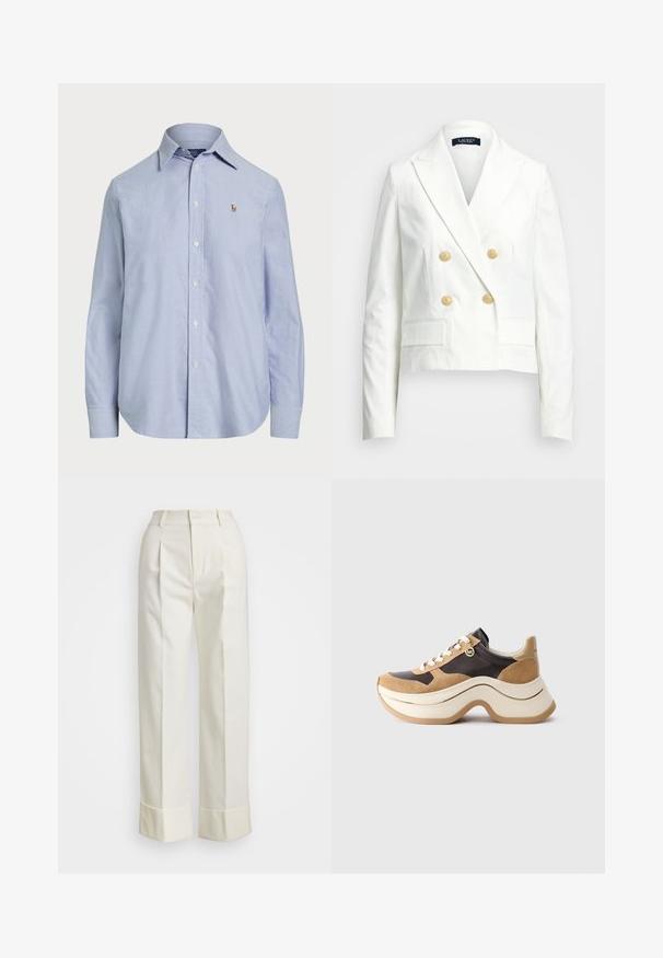 Fehér, rövidített blézer, dupla gombolású dizájnnal, aranygombokkal, kékes hajtókával és két elülső zsebbel. Sima textúra és testre szabott illeszkedés.; Világoskék, pamut anyagú gombos ing, klasszikus gallérral, hosszú ujjal, és egy kis hímezett logóval a mellrészen.; Fehér, szabott nadrág magas derékkal, dupla elülső redőkkel és széles lábakkal, hajtogatott szegésekkel. Simító, textúrált anyagból készült.; Beige és sötétbarna színű, vastag talpú sneaker, velúr részletekkel, fehér fűzőkkel és egy kis arany MK charm-mal az oldalon.